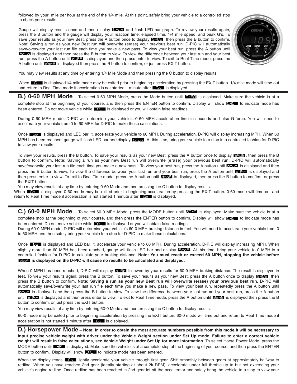 B.) 0-60 mph mode, C.) 60-0 mph mode, D.) horsepower mode | Auto Meter 4380 User Manual | Page 2 / 4