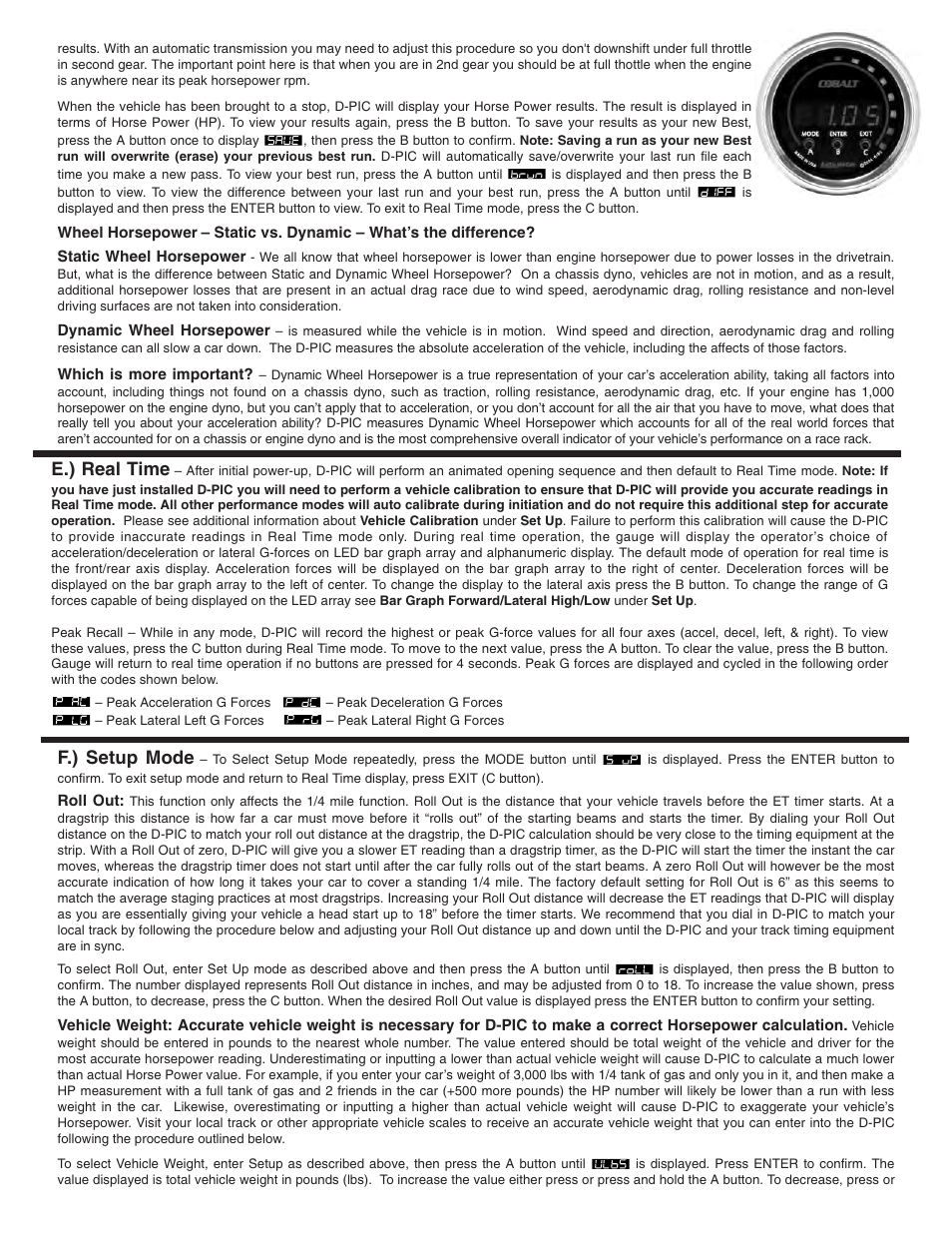 E.) real time, F.) setup mode | Auto Meter 4380 User Manual | Page 3 / 4