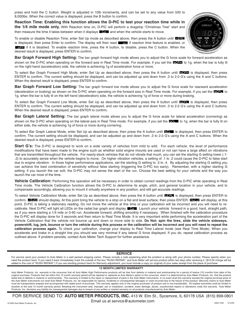 For service send to: auto meter products, inc | Auto Meter 4380 User Manual | Page 4 / 4