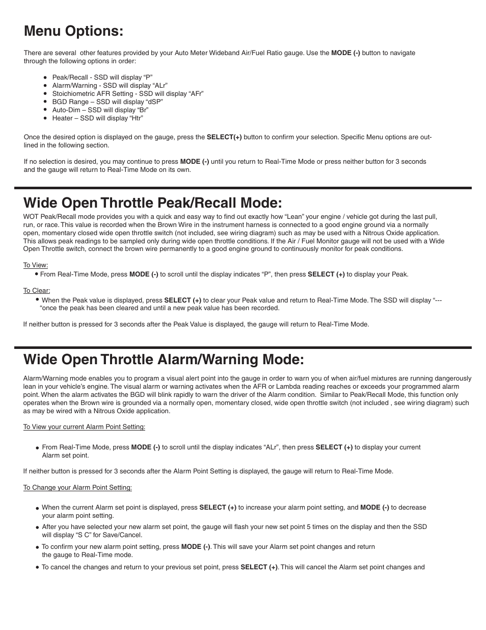 Wide open throttle peak/recall mode, Wide open throttle alarm/warning mode, Menu options | Auto Meter 4378 User Manual | Page 3 / 6