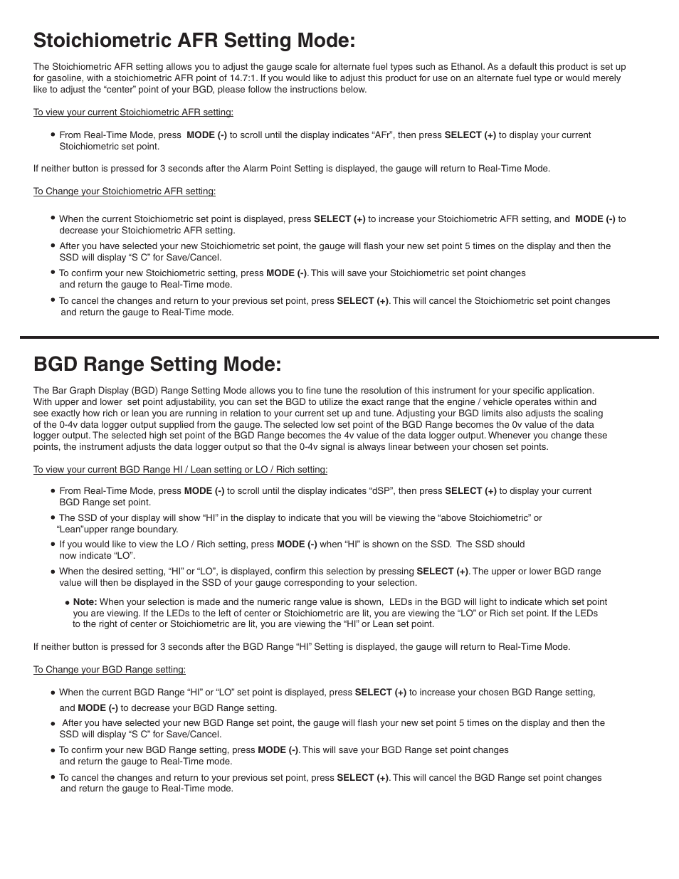 Stoichiometric afr setting mode, Bgd range setting mode | Auto Meter 4378 User Manual | Page 4 / 6