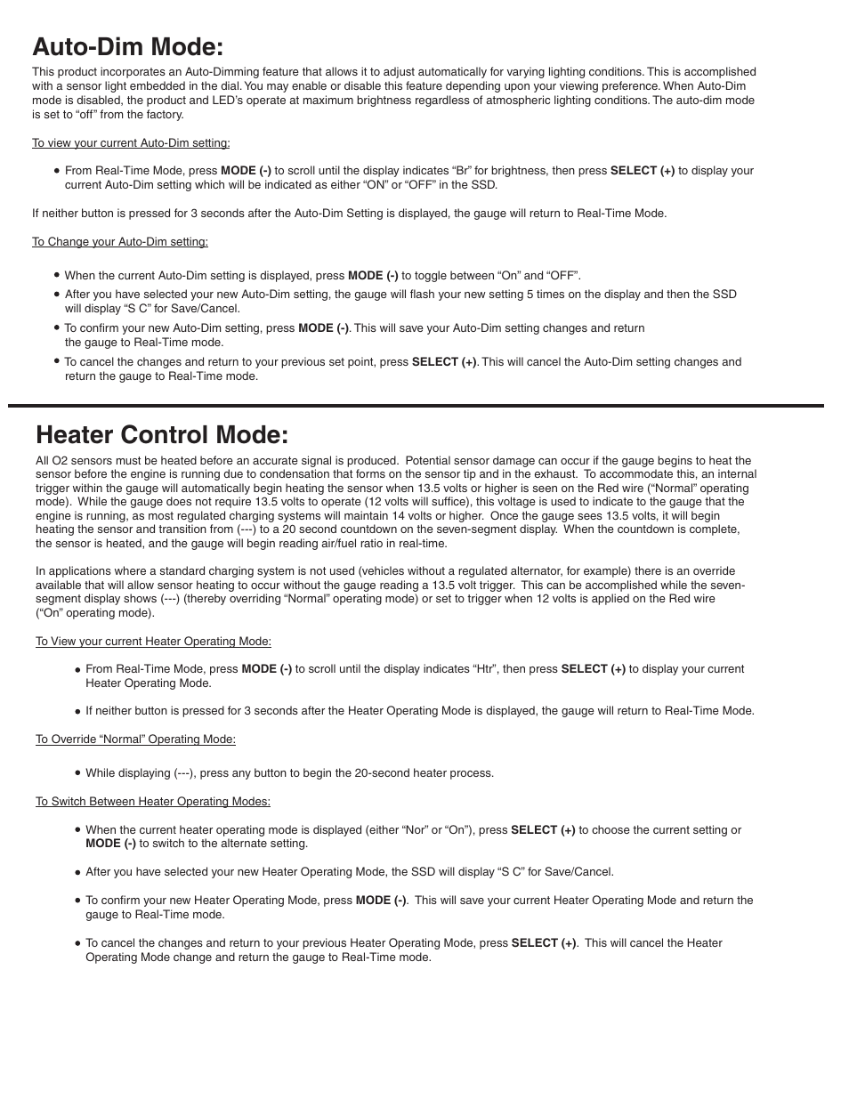 Auto-dim mode, Heater control mode | Auto Meter 4378 User Manual | Page 5 / 6