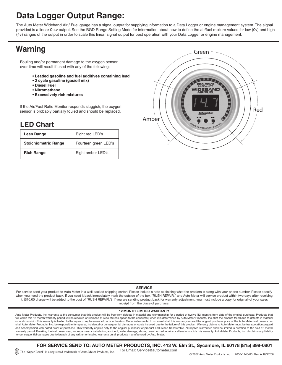 Warning, Data logger output range, Led chart | Red green amber | Auto Meter 4378 User Manual | Page 6 / 6