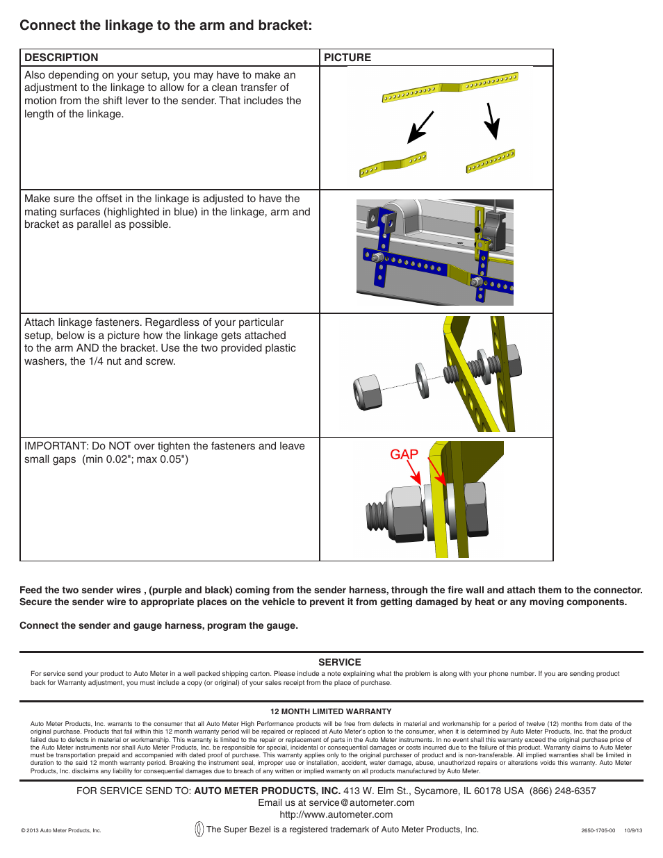 Connect the linkage to the arm and bracket | Auto Meter 4359 User Manual | Page 7 / 7