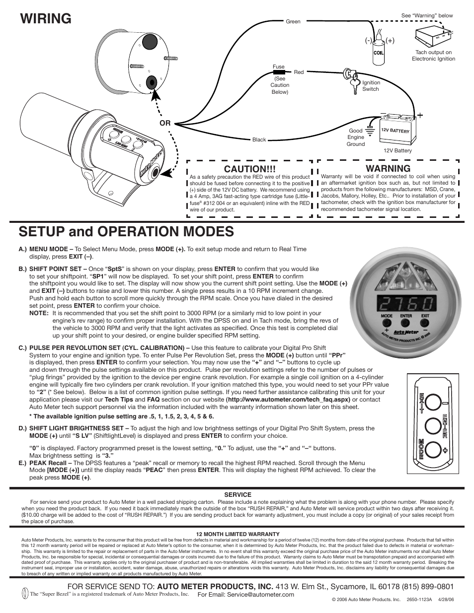 Wiring, Setup and operation modes, Caution | Warning | Auto Meter 4387 User Manual | Page 2 / 2