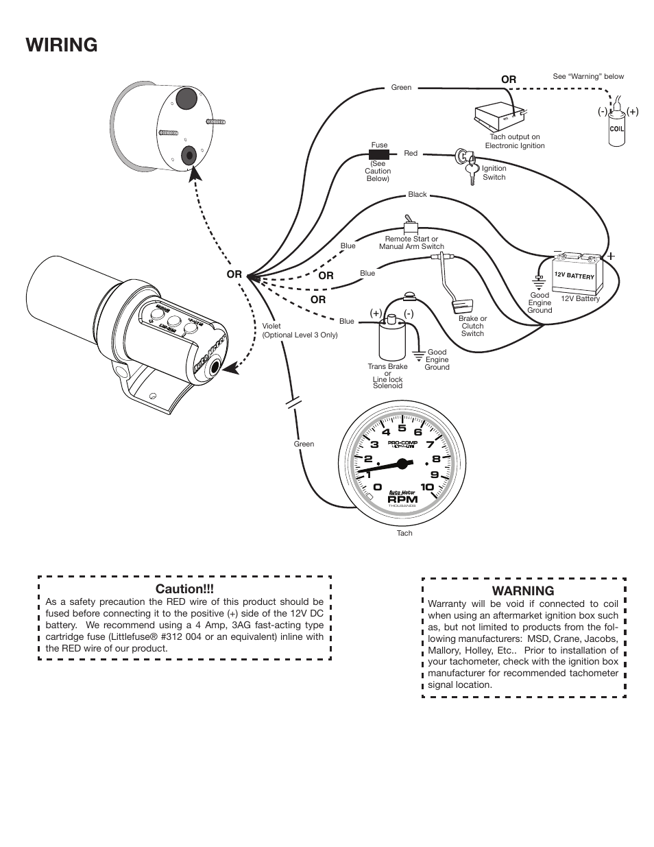 Wiring, Caution, Warning | Auto Meter 4389 User Manual | Page 2 / 4