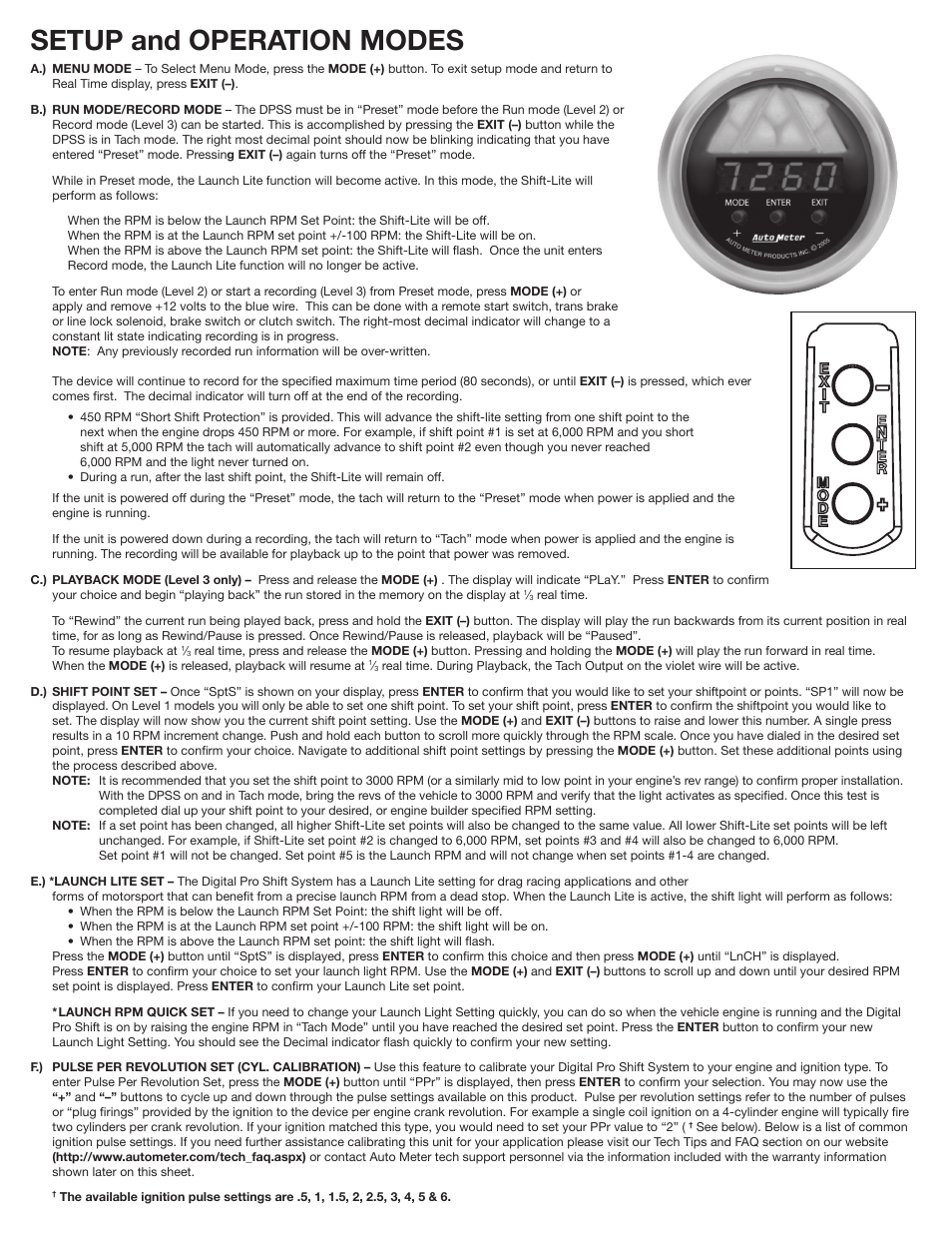 Setup and operation modes | Auto Meter 4389 User Manual | Page 3 / 4