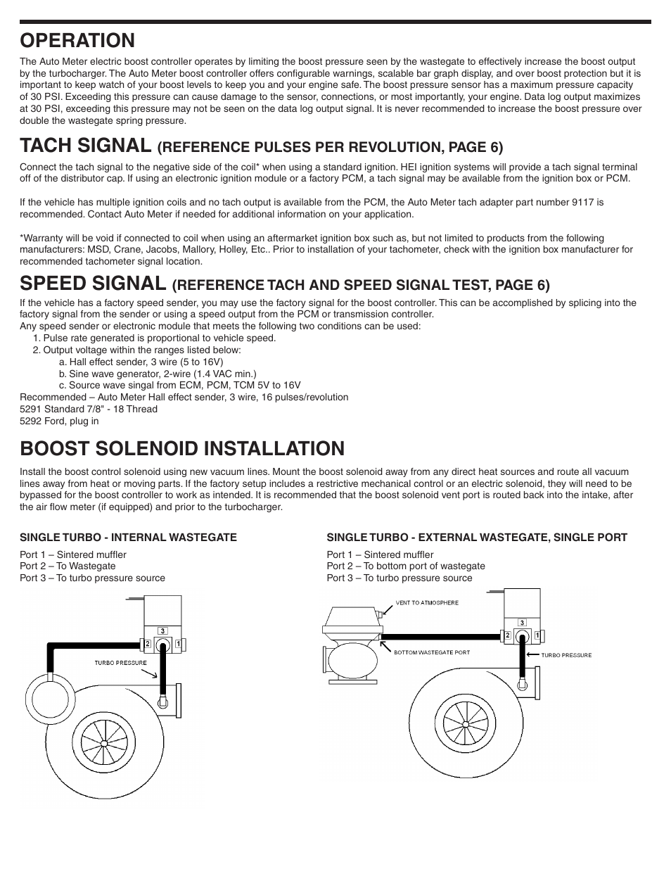 Tach signal, Operation speed signal, Boost solenoid installation | Auto Meter 4381 User Manual | Page 2 / 7
