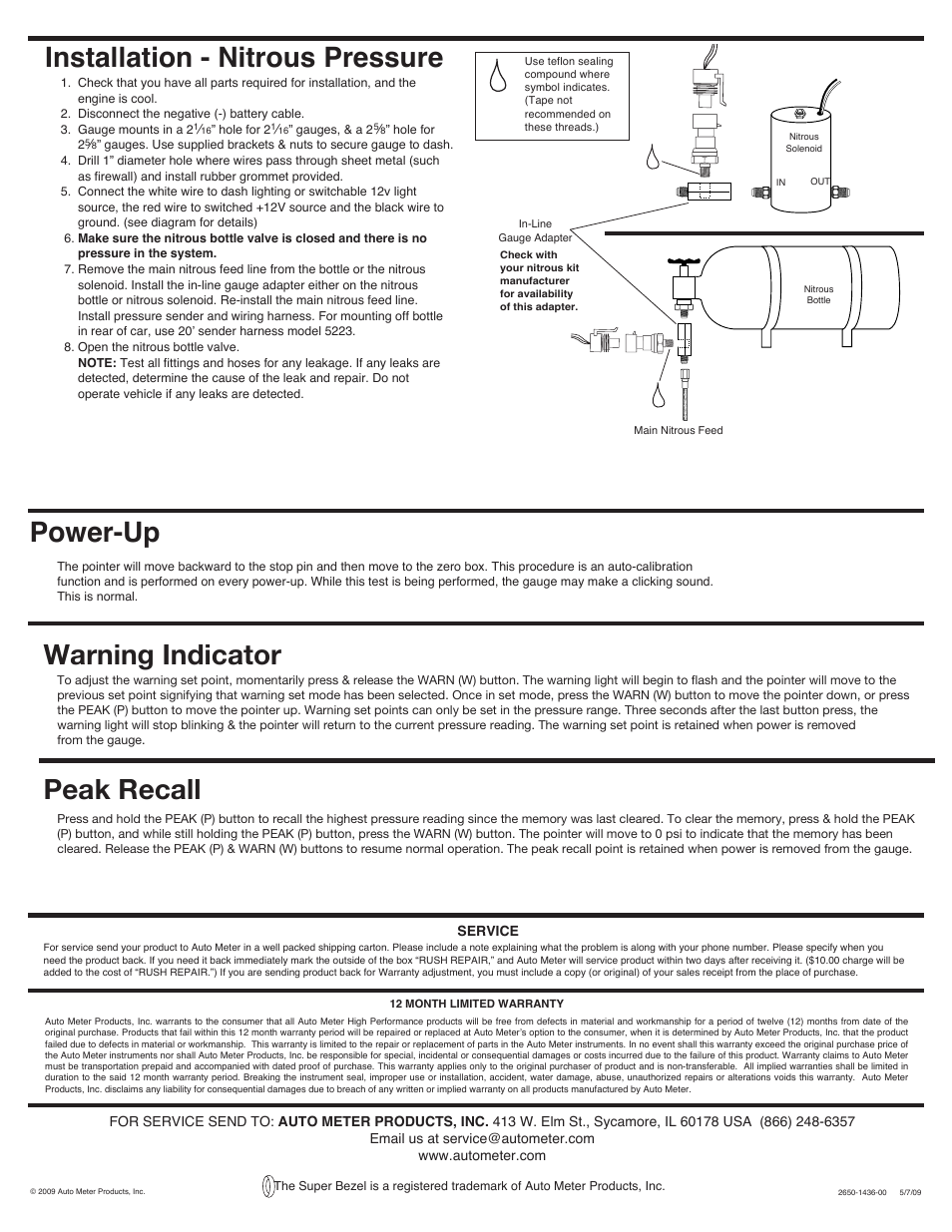 Power-up, Warning indicator, Peak recall | Installation - nitrous pressure | Auto Meter 7963 User Manual | Page 2 / 2