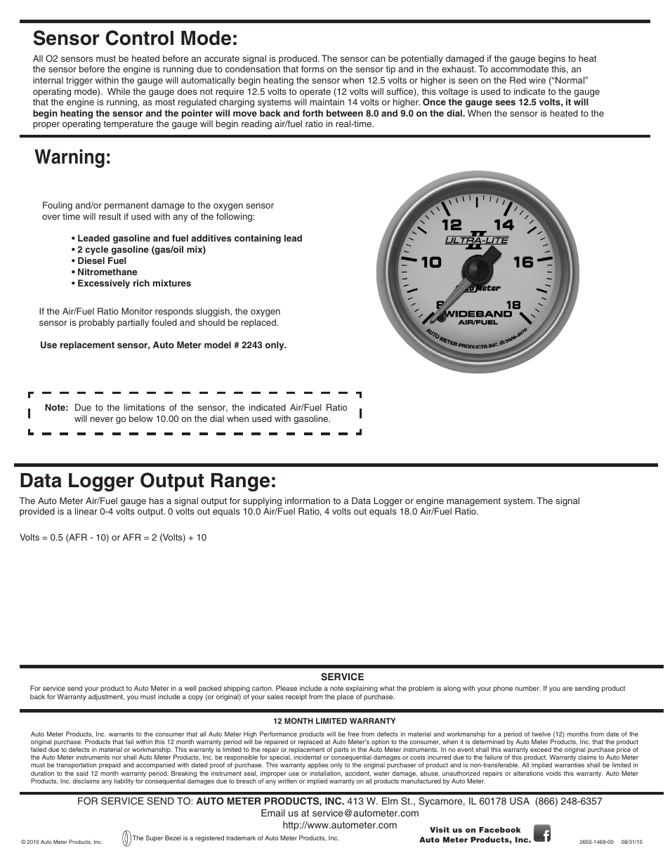 Sensor control mode, Warning, Data logger output range | Auto Meter 7570 User Manual | Page 2 / 2