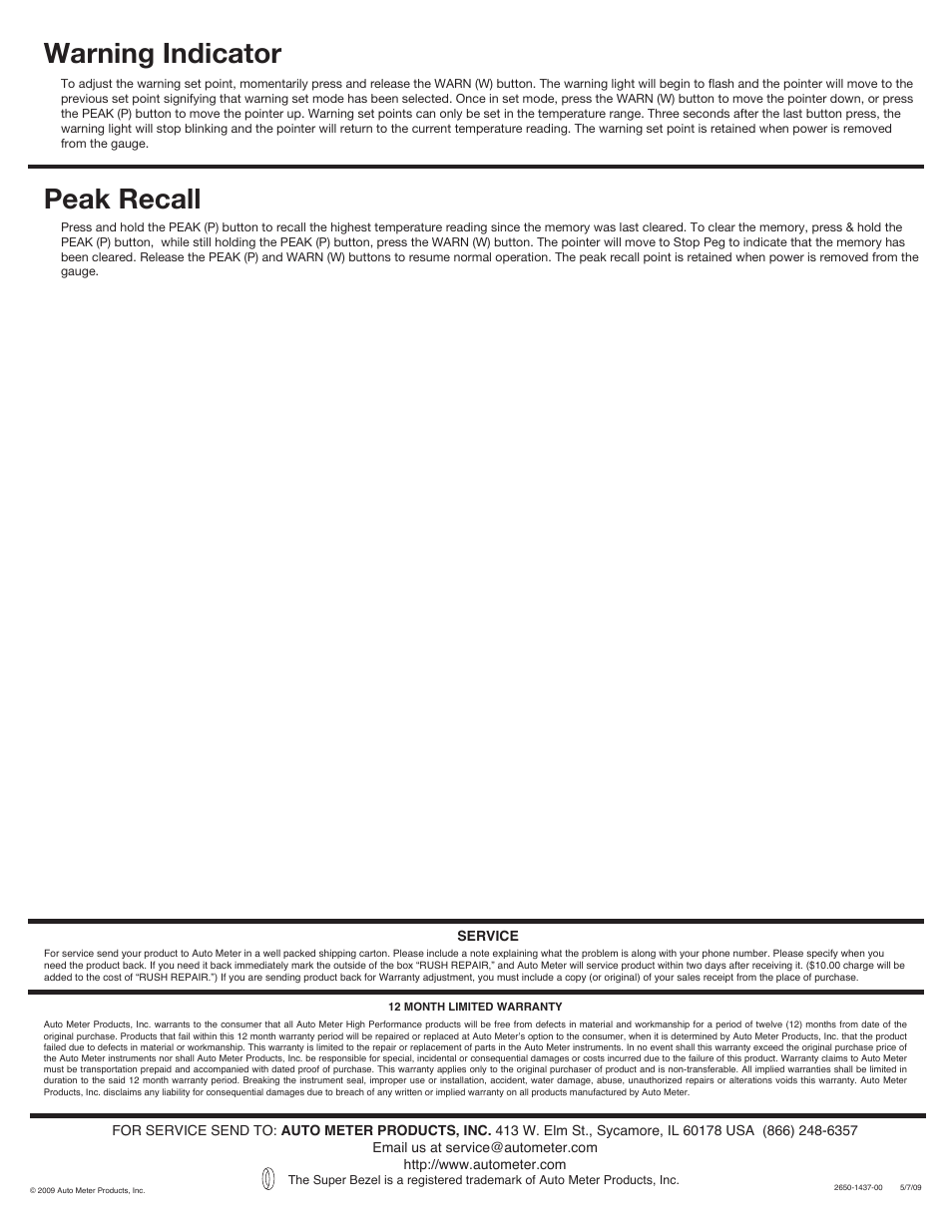 Warning indicator, Peak recall | Auto Meter 7955 User Manual | Page 2 / 2