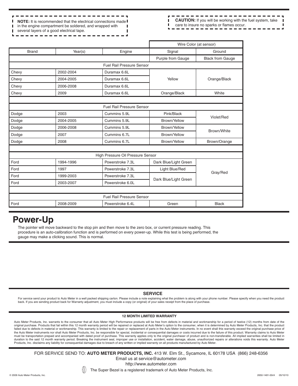 Power-up | Auto Meter 3896 User Manual | Page 2 / 2