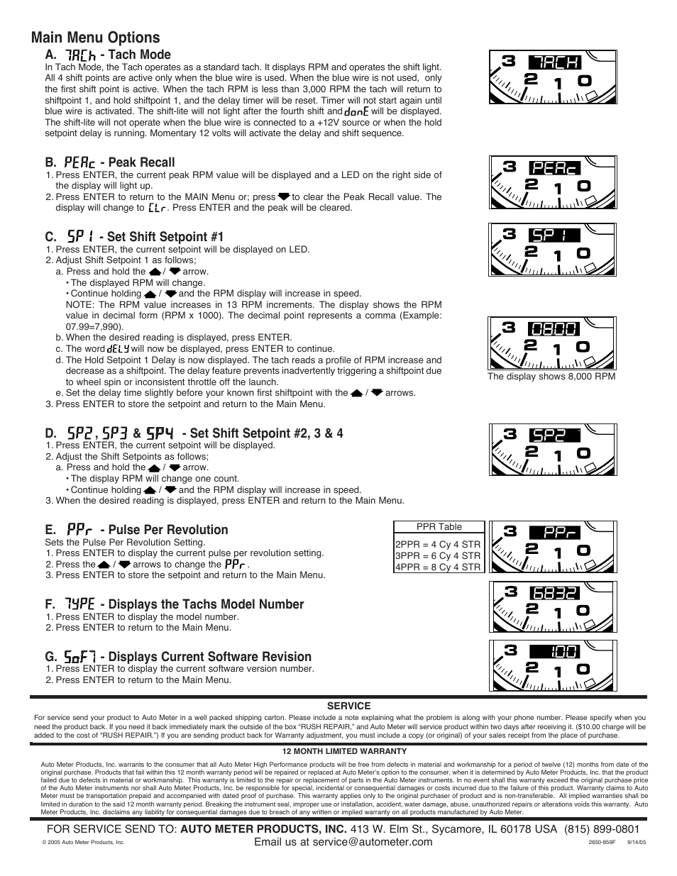 Main menu options, A. - tach mode, B. - peak recall | C. - set shift setpoint #1, D. , & - set shift setpoint #2, 3 & 4, E. - pulse per revolution, F. - displays the tachs model number, G. - displays current software revision | Auto Meter 6834 User Manual | Page 2 / 2