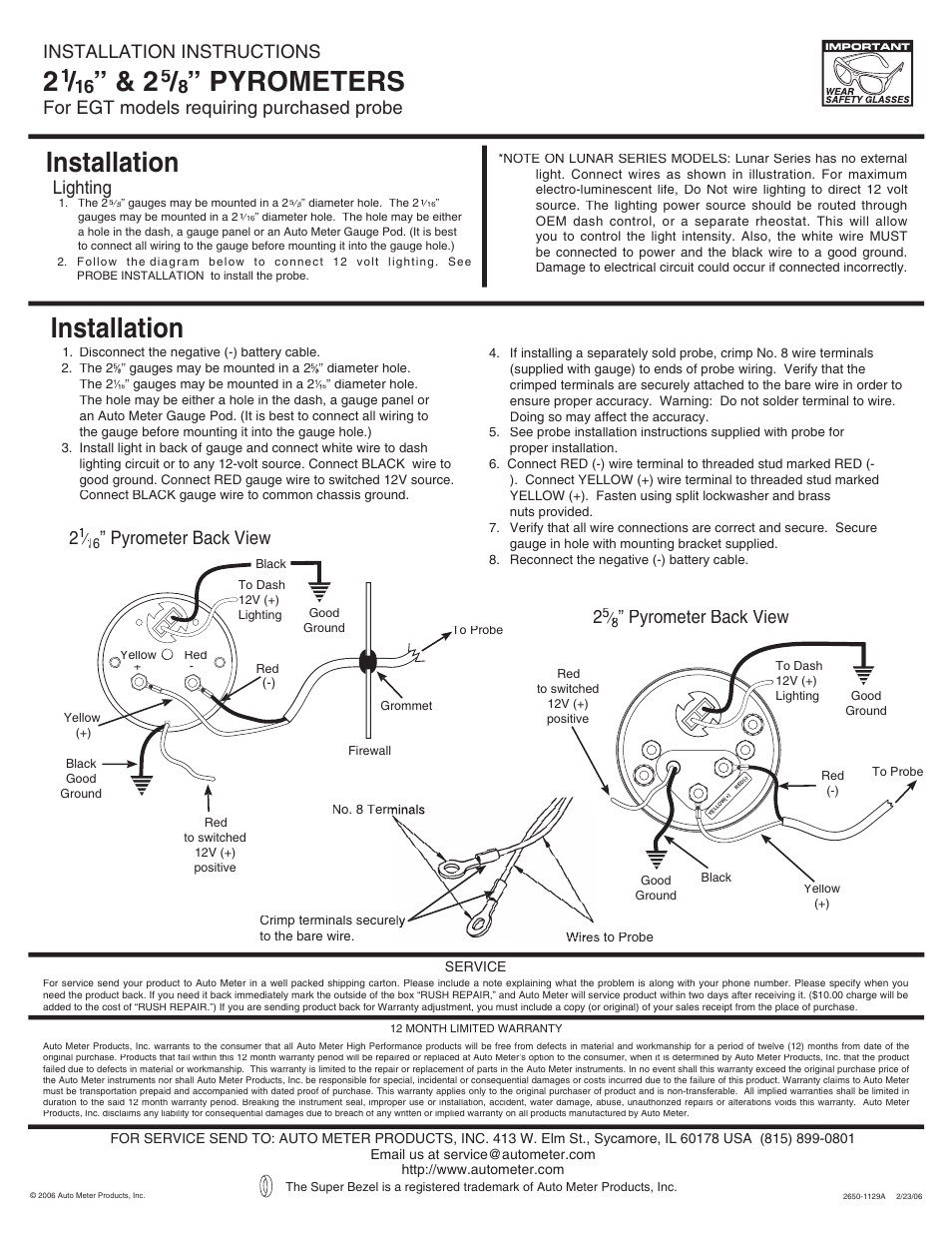 Pyrometers, Installation, Installation instructions | For egt models requiring purchased probe, Pyrometer back view, Lighting | Auto Meter 4744 User Manual | Page 2 / 2