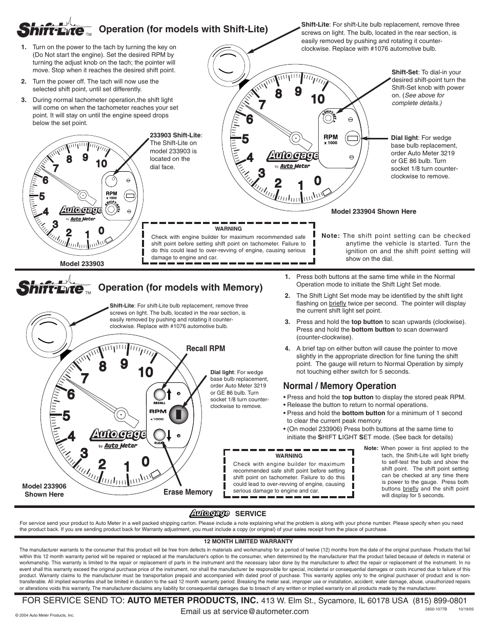 Operation (for models with shift-lite), For service send to: auto meter products, inc | Auto Meter 233907 User Manual | Page 2 / 2