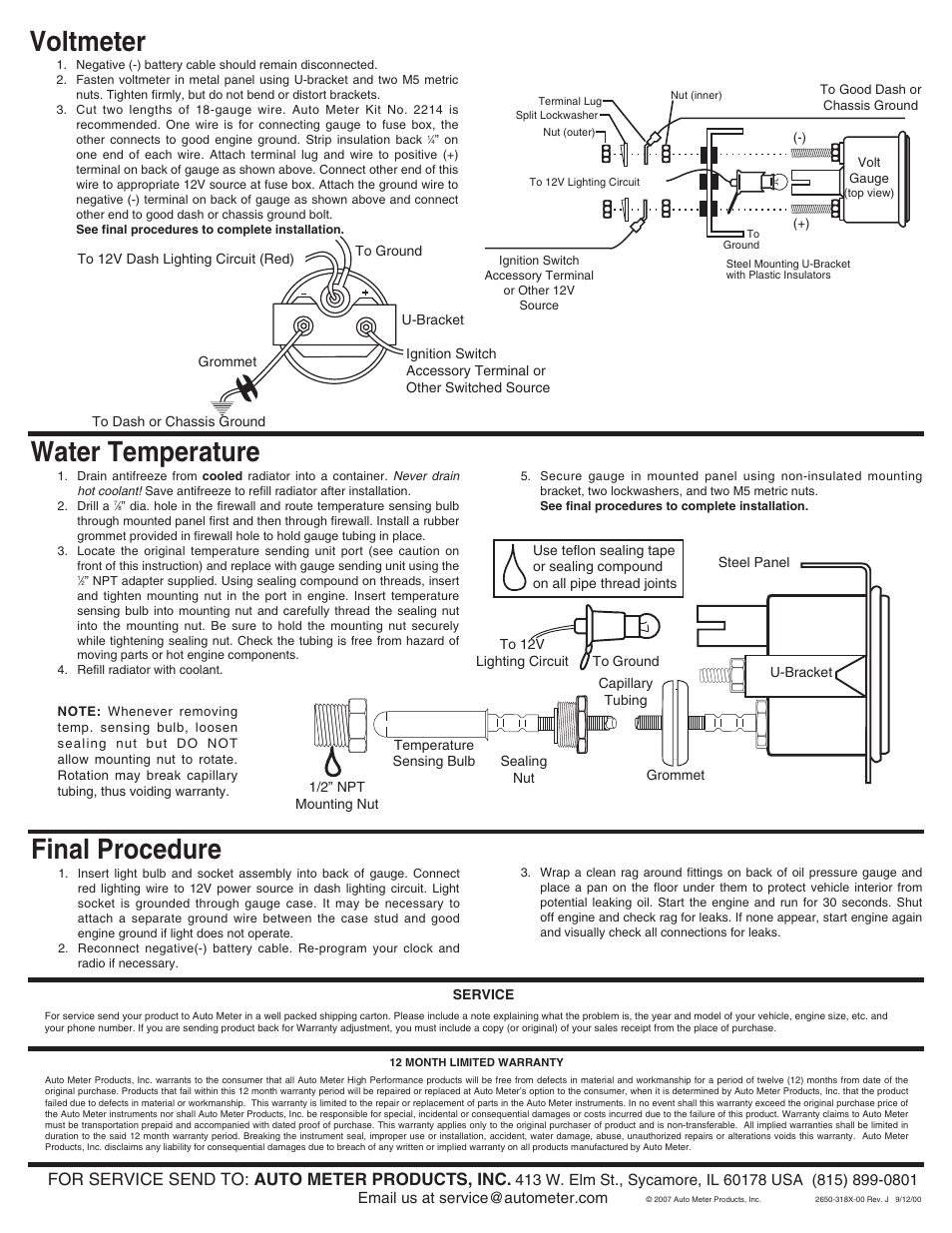 Voltmeter, Water temperature, Final procedure | For service send to: auto meter products, inc | Auto Meter 2360 User Manual | Page 2 / 2