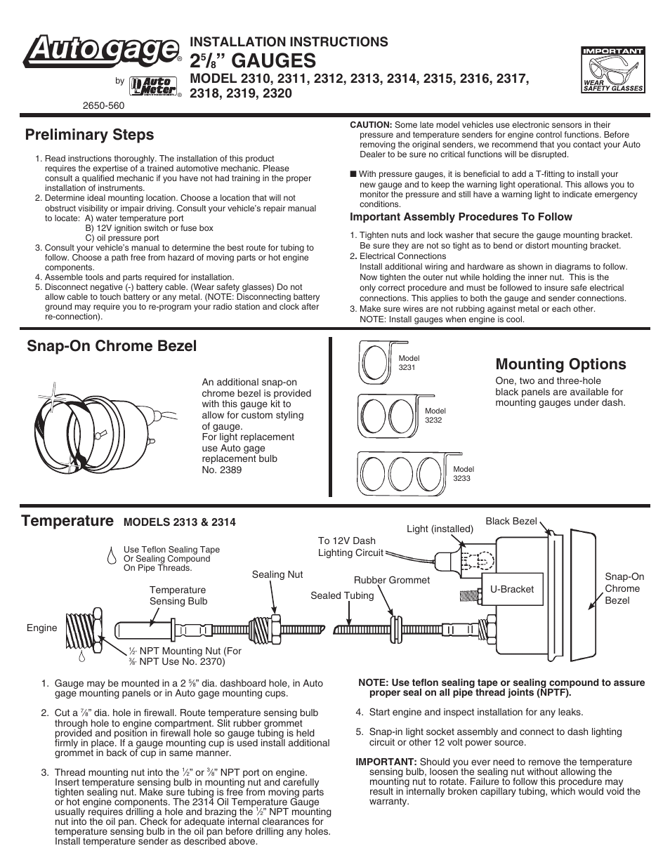 Auto Meter 2312 User Manual | 4 pages