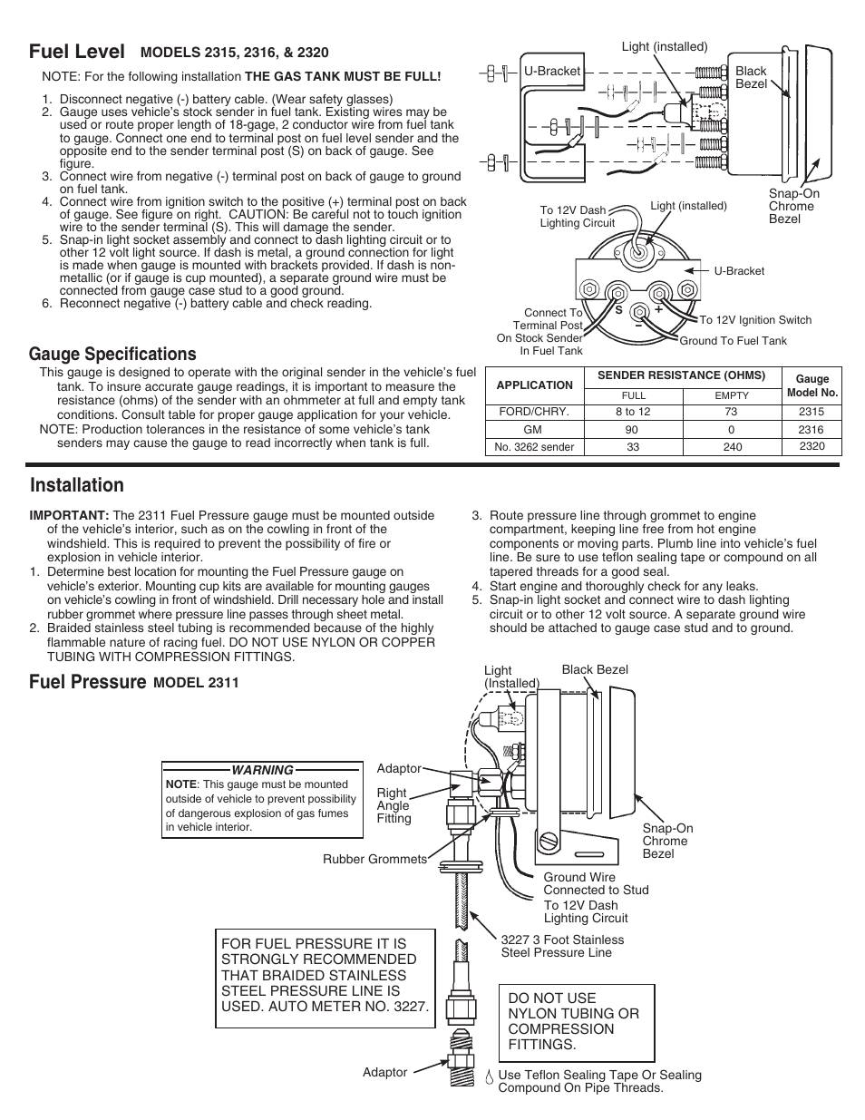 Fuel level, Fuel pressure installation, Gauge specifications | Auto Meter 2312 User Manual | Page 2 / 4