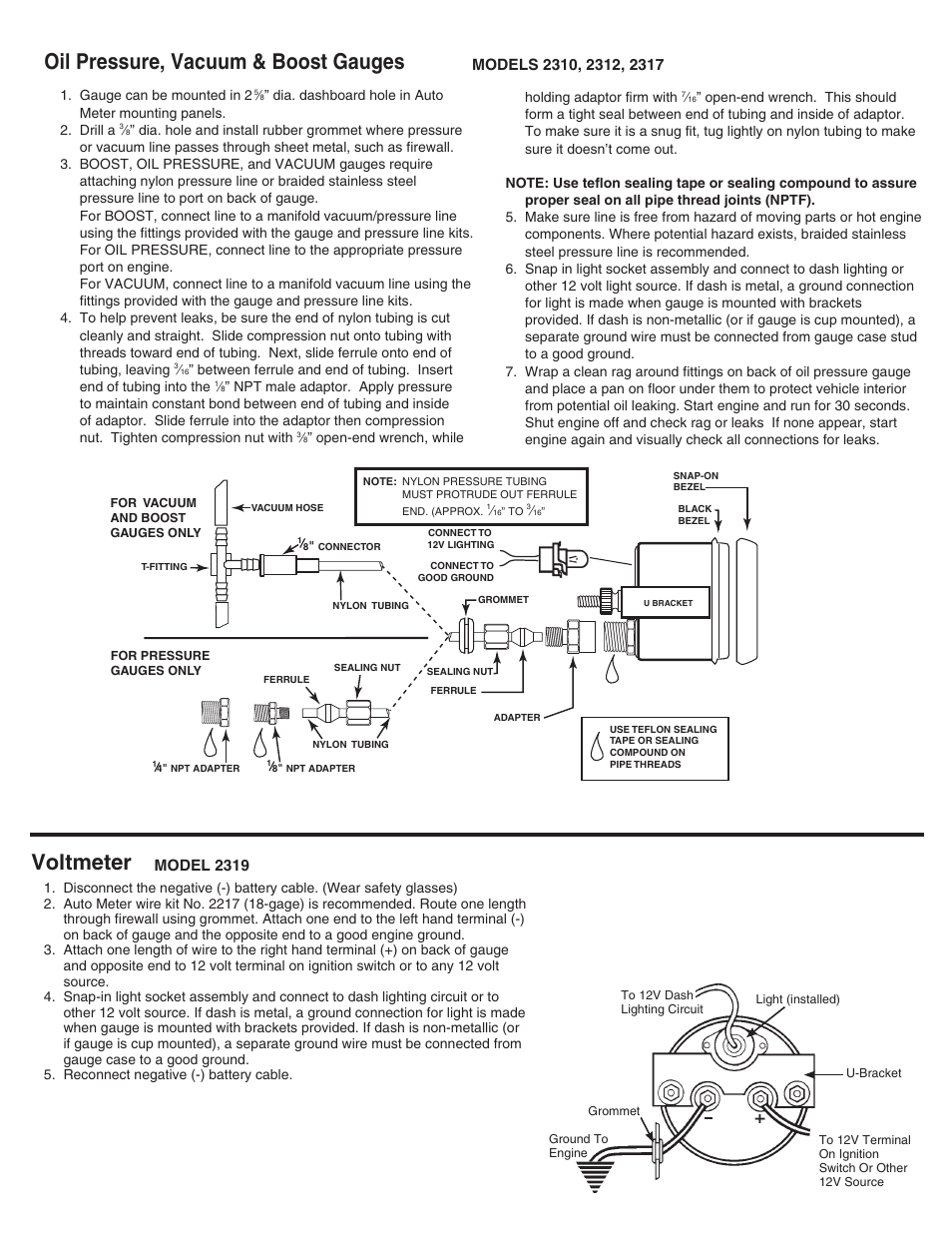 Voltmeter, Oil pressure, vacuum & boost gauges | Auto Meter 2312 User Manual | Page 3 / 4