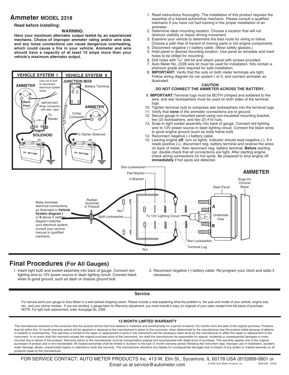 Final procedures, Ammeter, For all gauges) | Model 2318 | Auto Meter 2312 User Manual | Page 4 / 4