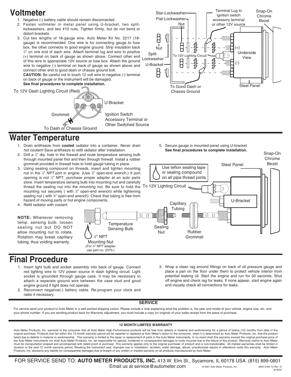 Voltmeter water temperature, Final procedure, For service send to: auto meter products, inc | Auto Meter 2329 User Manual | Page 2 / 2