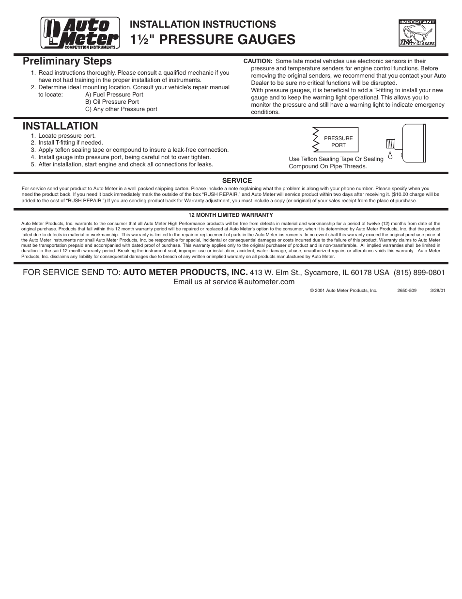 Auto Meter 2176 User Manual | 1 page