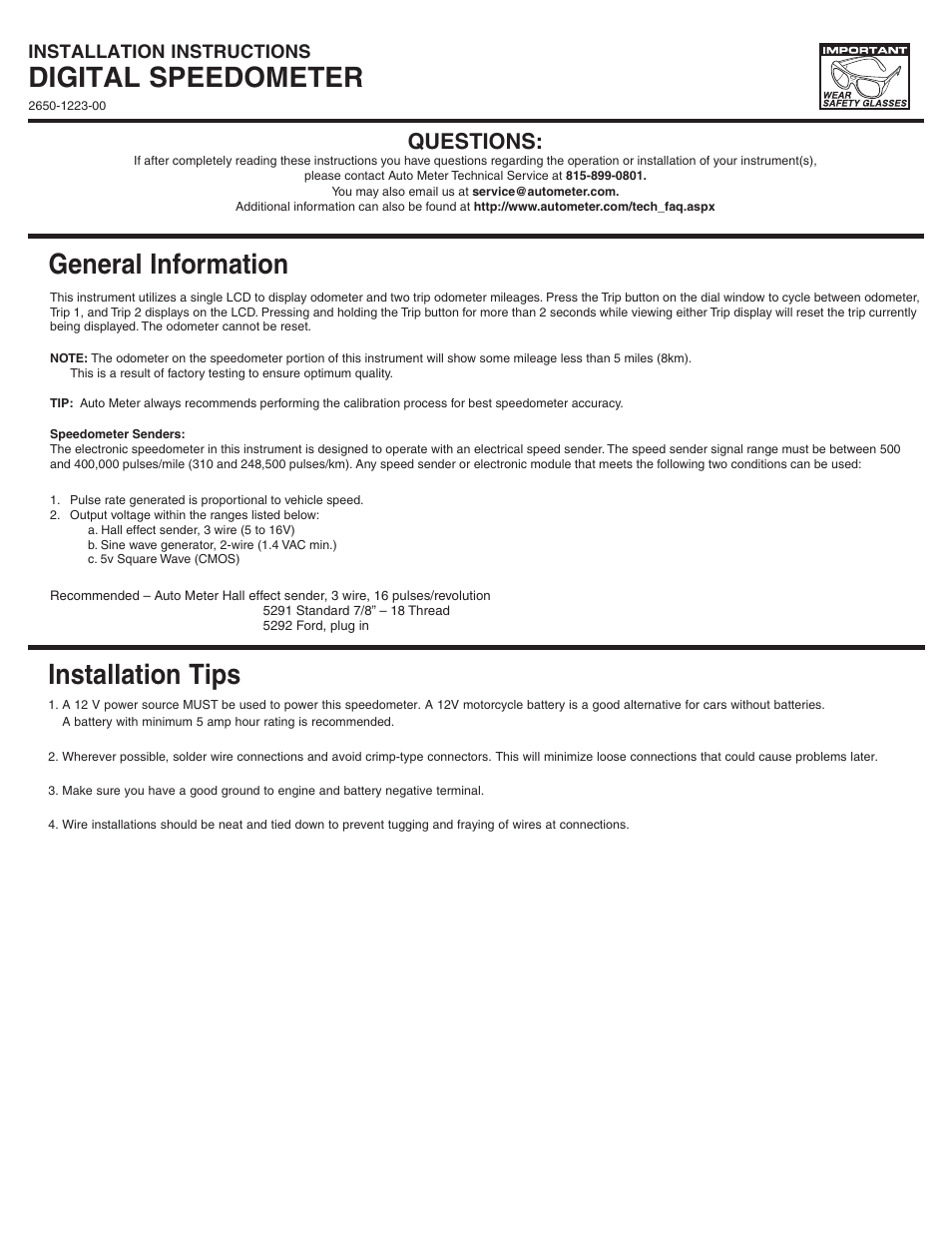 Auto Meter 6388 User Manual | 3 pages
