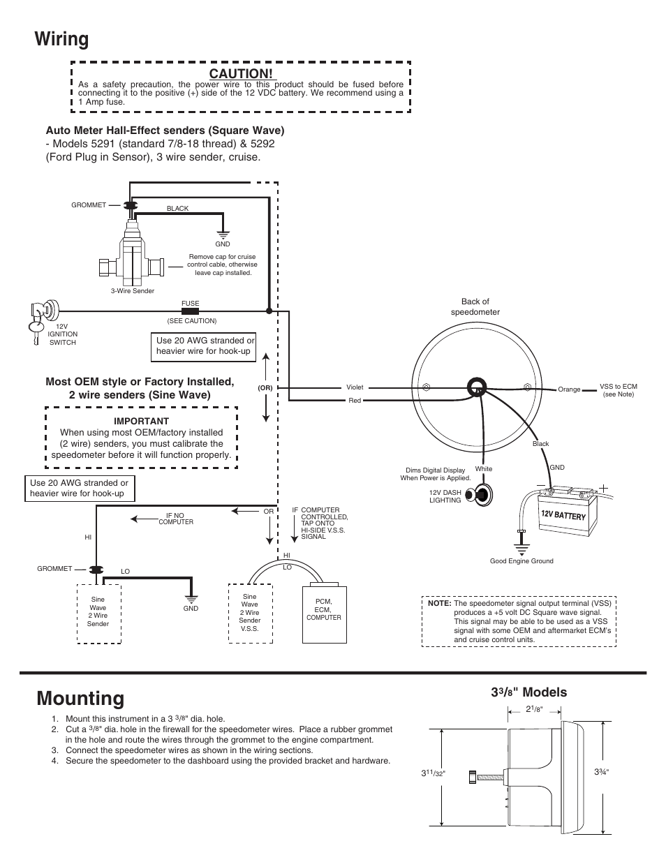 Mounting, Wiring, Models | Caution | Auto Meter 6388 User Manual | Page 2 / 3