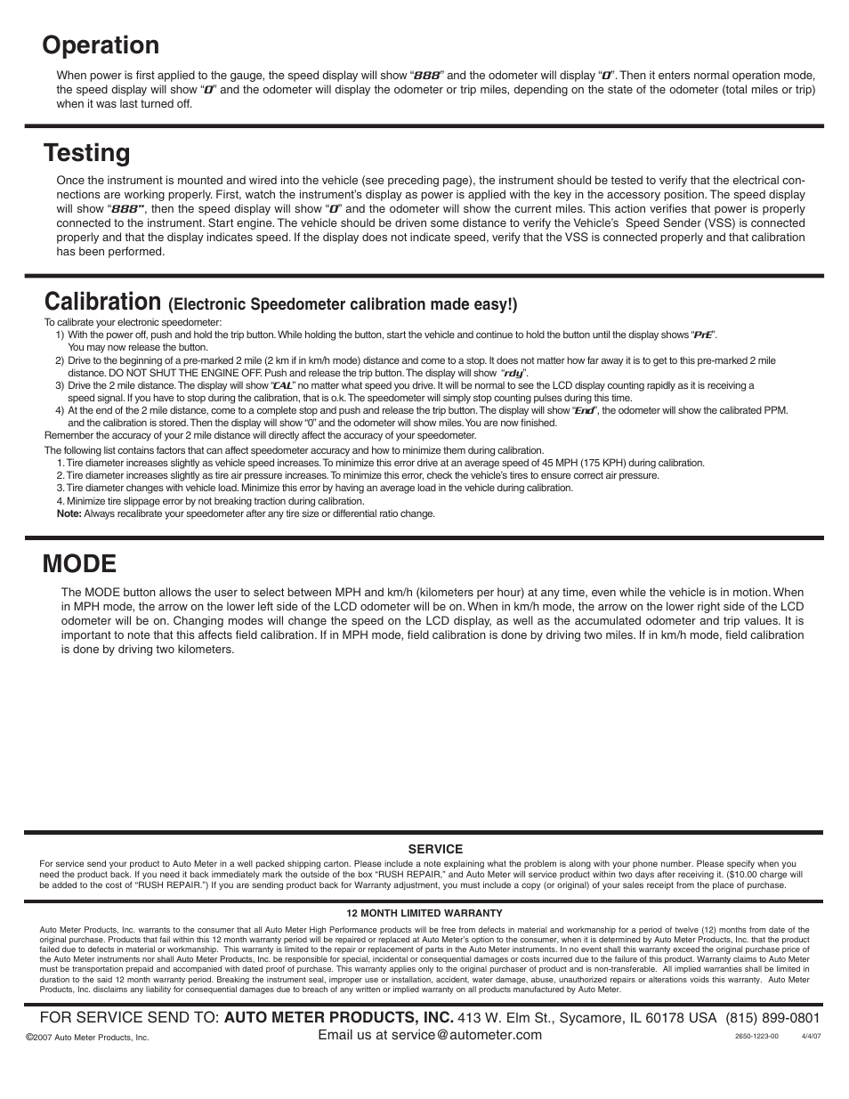 Testing calibration, Mode, Operation | Auto Meter 6388 User Manual | Page 3 / 3