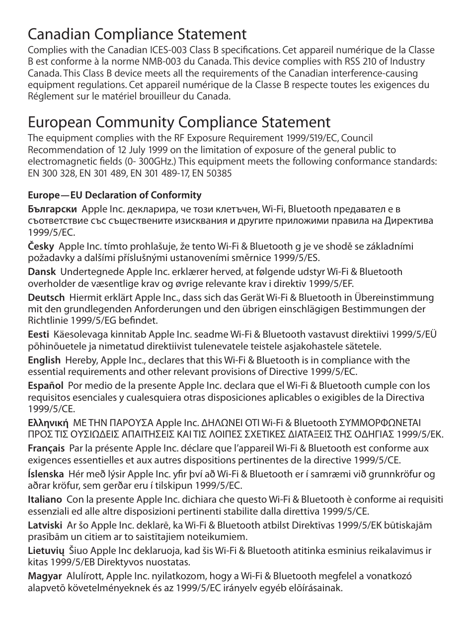 Canadian compliance statement, European community compliance statement | Apple iPod Touch User Manual | Page 6 / 12