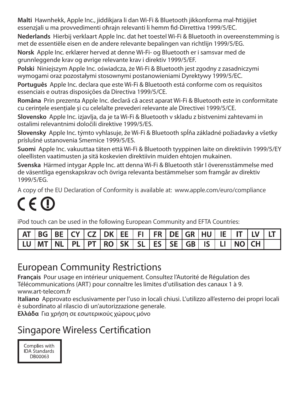 European community restrictions, Singapore wireless certification | Apple iPod Touch User Manual | Page 7 / 12