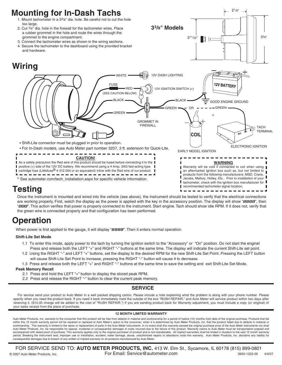 Testing, Mounting for in-dash tachs, Operation | Wiring, Models, For service send to: auto meter products, inc, Service | Auto Meter 6597 User Manual | Page 2 / 2