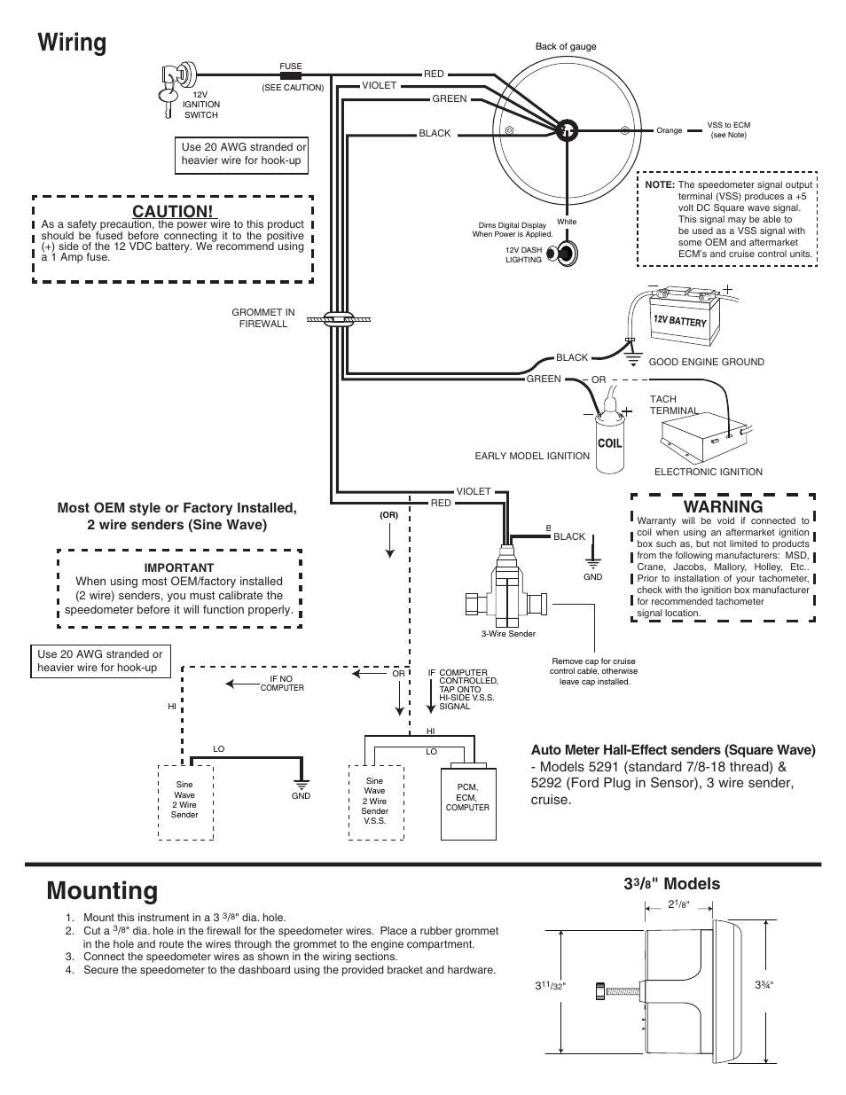 Mounting, Wiring, Models | Caution, Warning | Auto Meter 6387 User Manual | Page 2 / 3