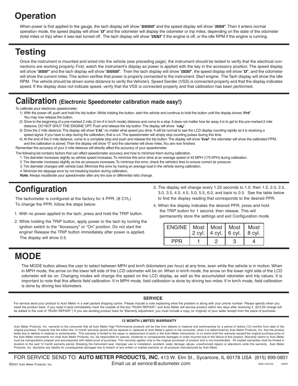 Testing calibration, Mode, Operation configuration | Auto Meter 6387 User Manual | Page 3 / 3