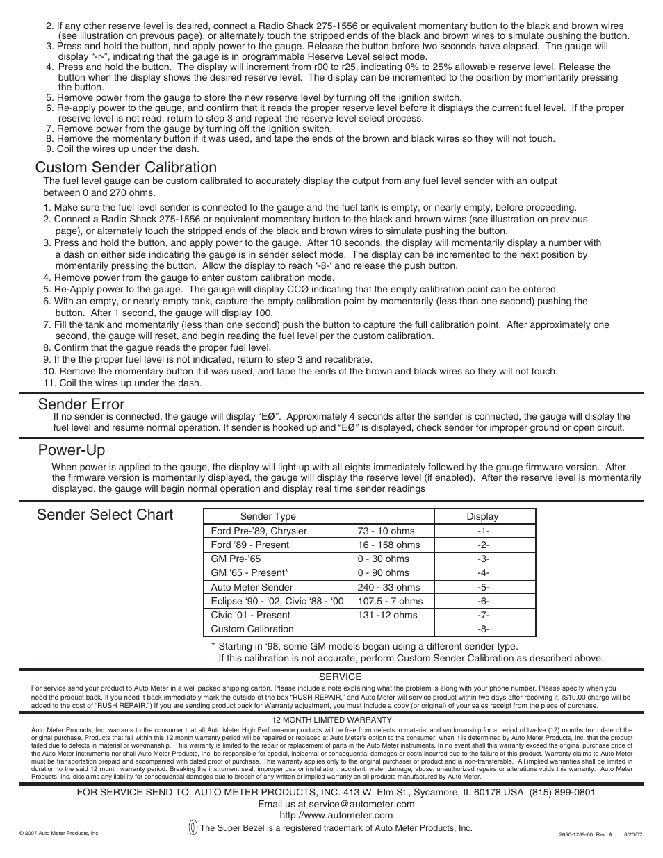Sender select chart, Power-up, Custom sender calibration sender error | Auto Meter 6310 User Manual | Page 2 / 2