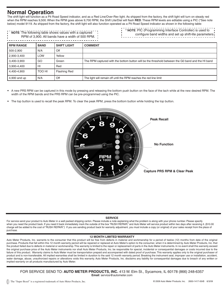 Normal operation | Auto Meter 6606-05705 User Manual | Page 2 / 2