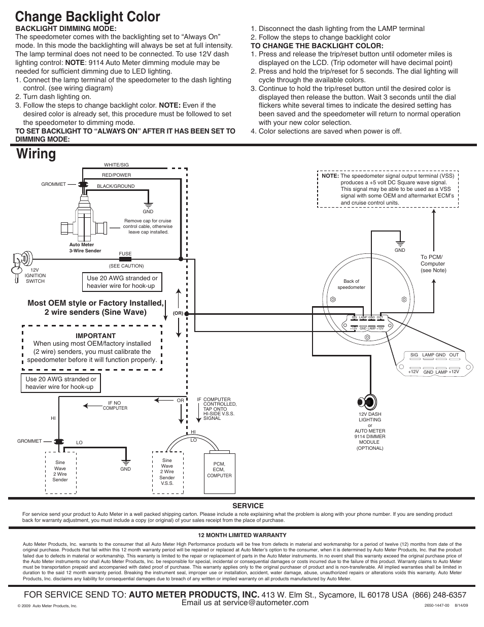 Change backlight color, Wiring, For service send to: auto meter products, inc | Auto Meter 5688 User Manual | Page 2 / 2