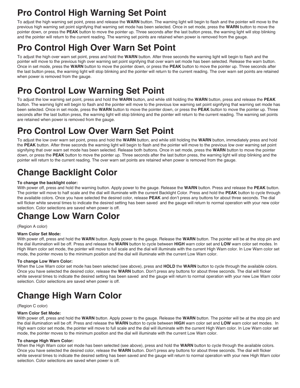 Pro control high warning set point, Pro control high over warn set point, Pro control low warning set point | Pro control low over warn set point, Change backlight color, Change low warn color, Change high warn color | Auto Meter 5670 User Manual | Page 2 / 4