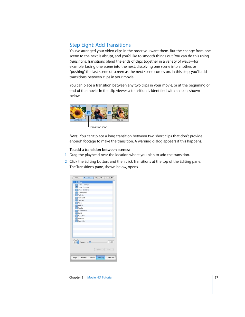 Step eight: add transitions | Apple iMovie HD User Manual | Page 27 / 47