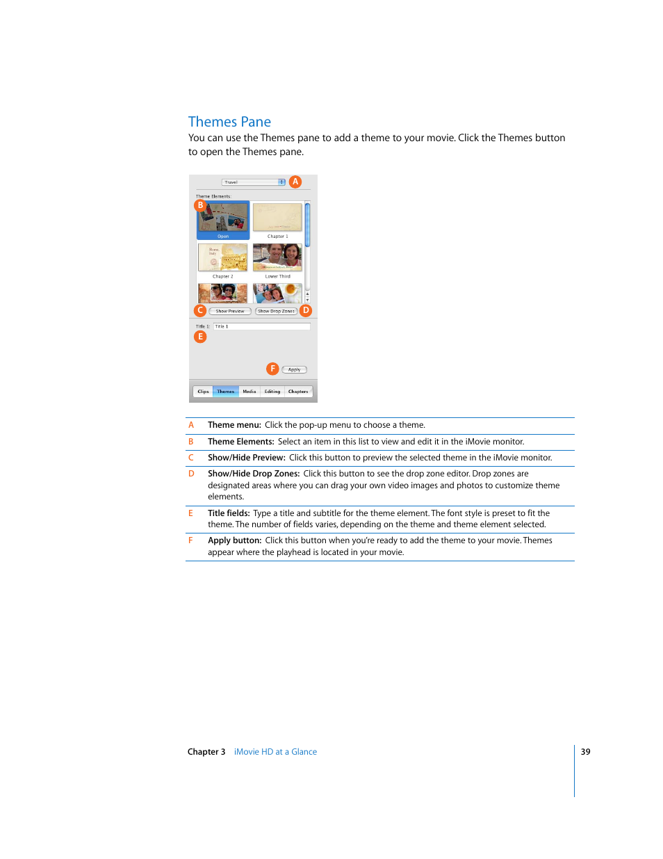 Themes pane | Apple iMovie HD User Manual | Page 39 / 47