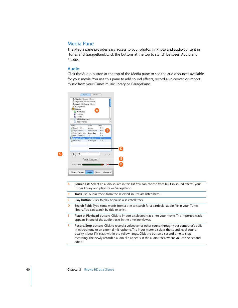 Media pane, Audio | Apple iMovie HD User Manual | Page 40 / 47