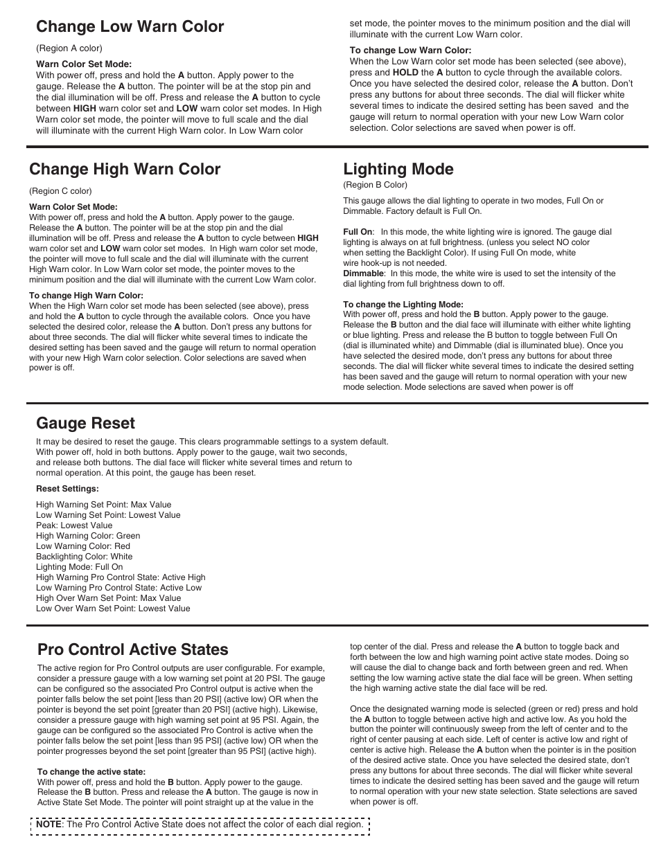 Pro control active states, Change low warn color, Change high warn color | Lighting mode, Gauge reset | Auto Meter 5609 User Manual | Page 3 / 4