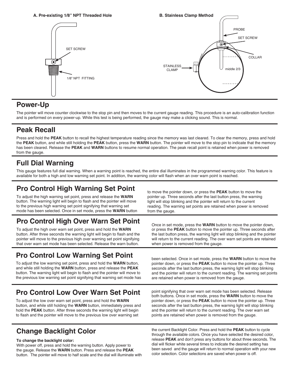 Pro control high warning set point, Pro control high over warn set point, Change backlight color | Power-up, Peak recall, Full dial warning, Pro control low over warn set point, Pro control low warning set point | Auto Meter 5646 User Manual | Page 2 / 4
