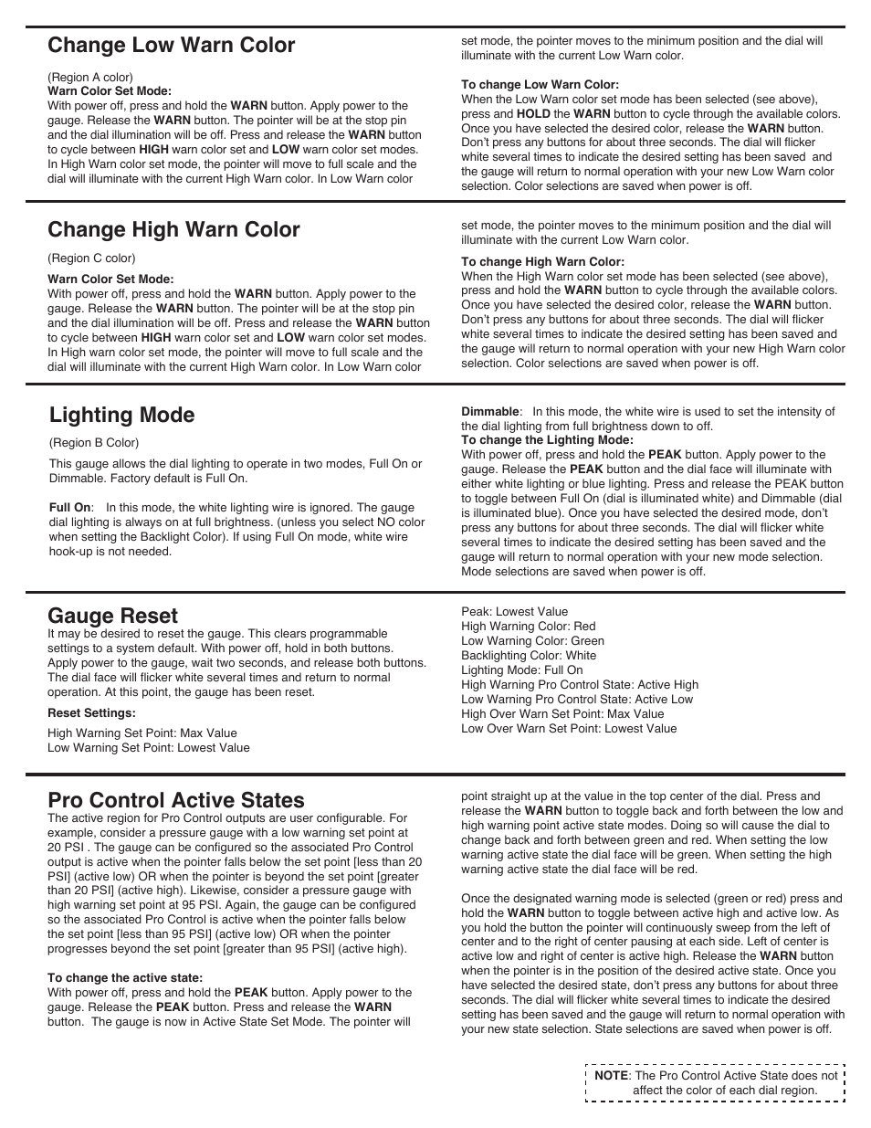 Lighting mode, Gauge reset, Pro control active states | Change high warn color, Change low warn color | Auto Meter 5646 User Manual | Page 3 / 4