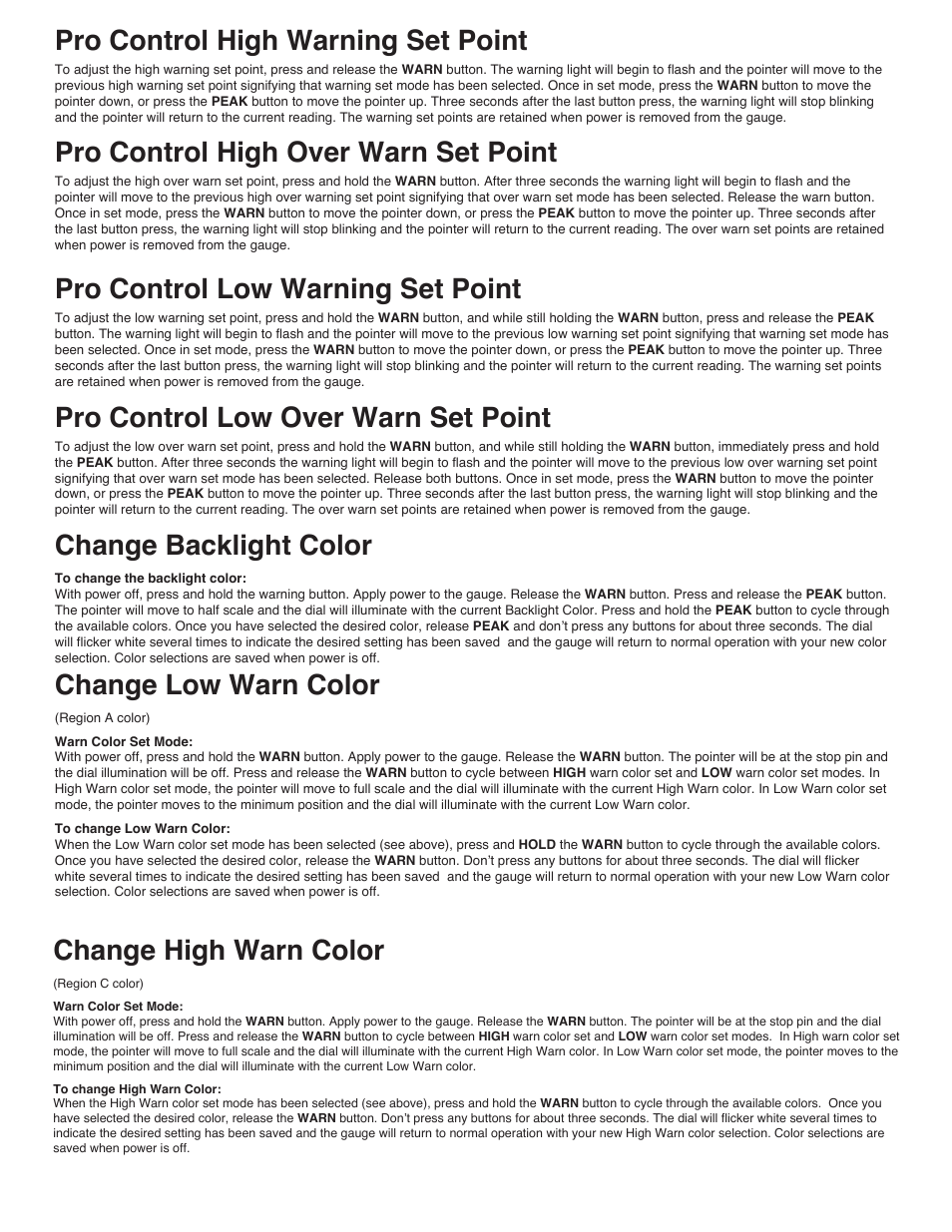 Pro control high warning set point, Pro control high over warn set point, Pro control low warning set point | Pro control low over warn set point, Change backlight color, Change low warn color, Change high warn color | Auto Meter 5677 User Manual | Page 2 / 4