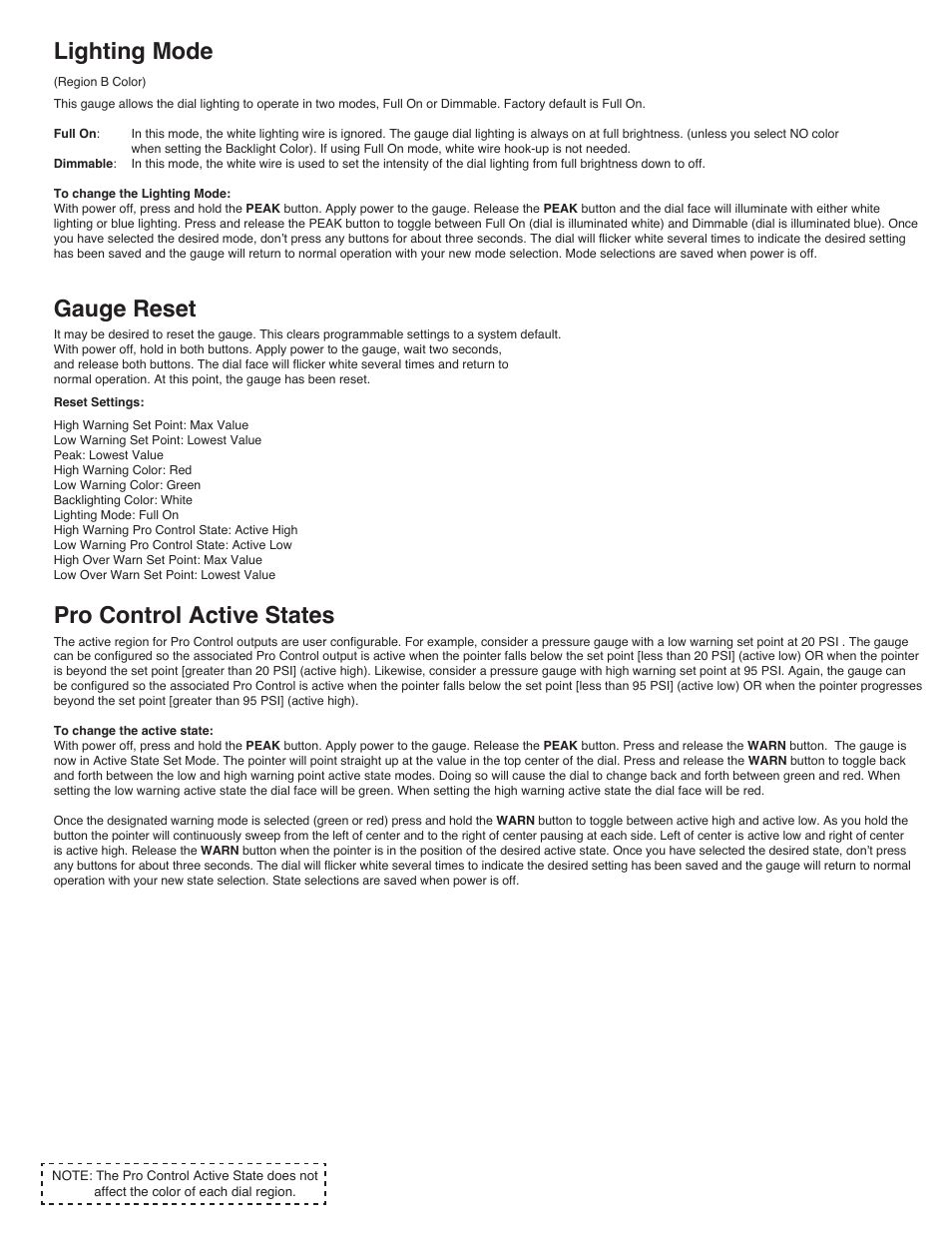 Lighting mode, Gauge reset, Pro control active states | Auto Meter 5677 User Manual | Page 3 / 4