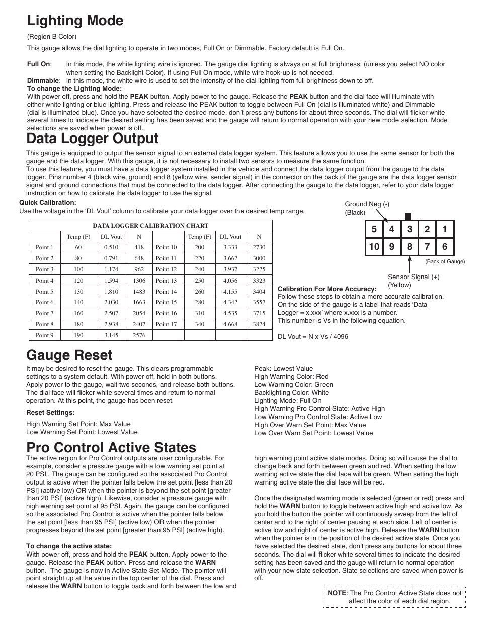 Lighting mode, Gauge reset, Data logger output | Pro control active states | Auto Meter 5640 User Manual | Page 3 / 4