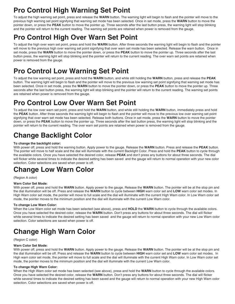 Pro control high warning set point, Pro control high over warn set point, Pro control low warning set point | Pro control low over warn set point, Change backlight color, Change low warn color, Change high warn color | Auto Meter 5683 User Manual | Page 2 / 4