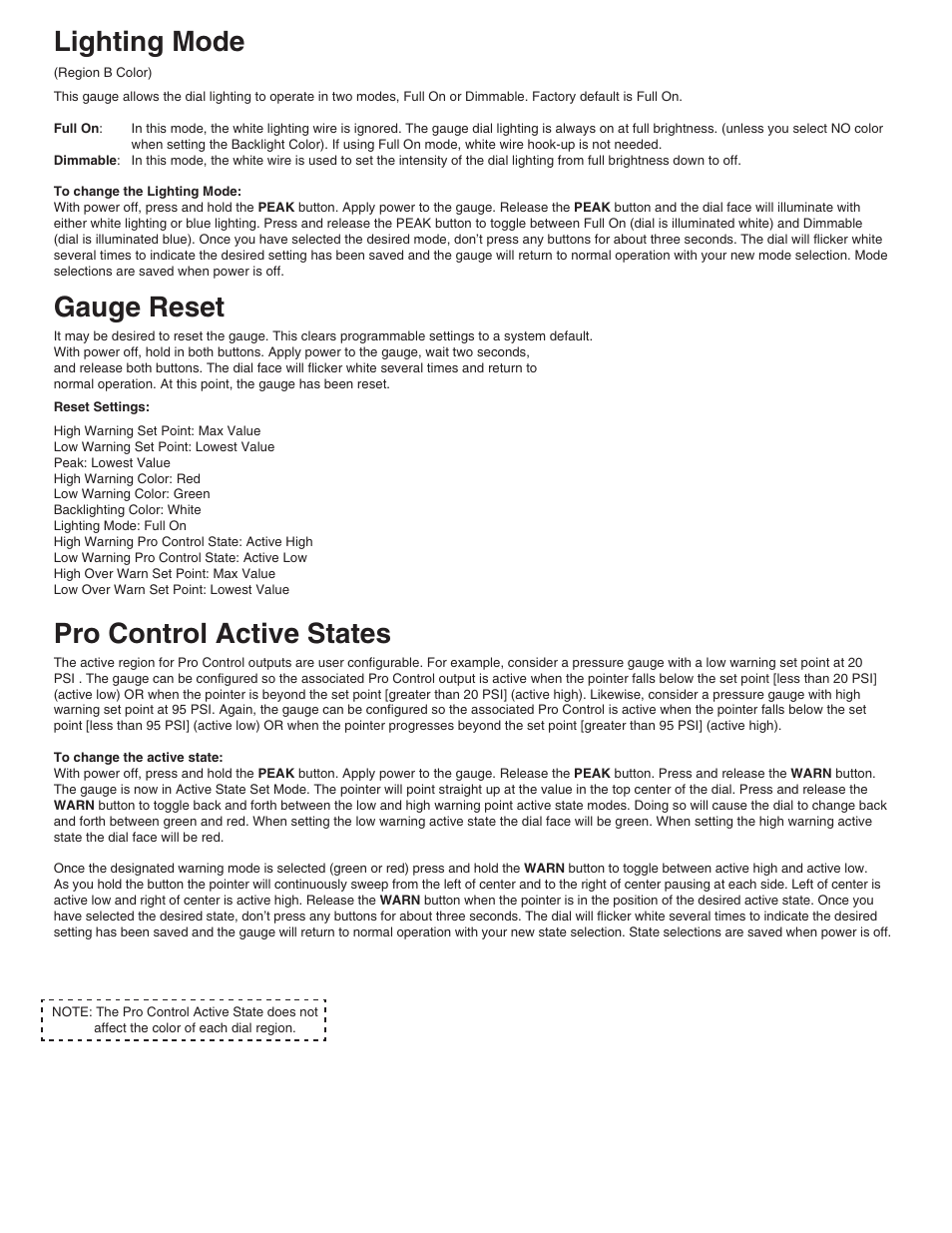 Lighting mode, Gauge reset, Pro control active states | Auto Meter 5683 User Manual | Page 3 / 4