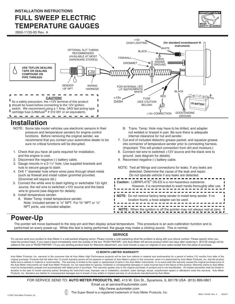 Auto Meter 3855 User Manual | 1 page